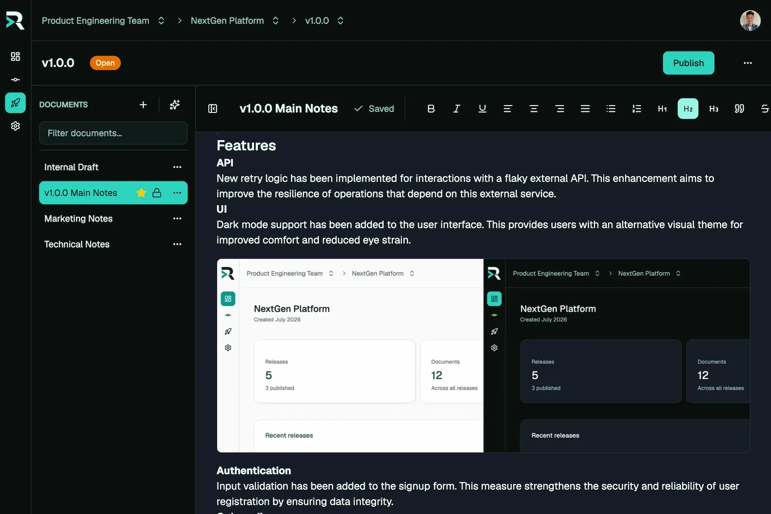 Rich text editor and document management for ReleaseBase